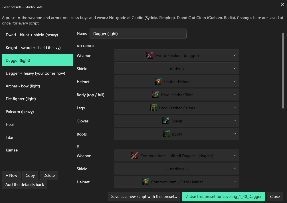 Gear presets per class