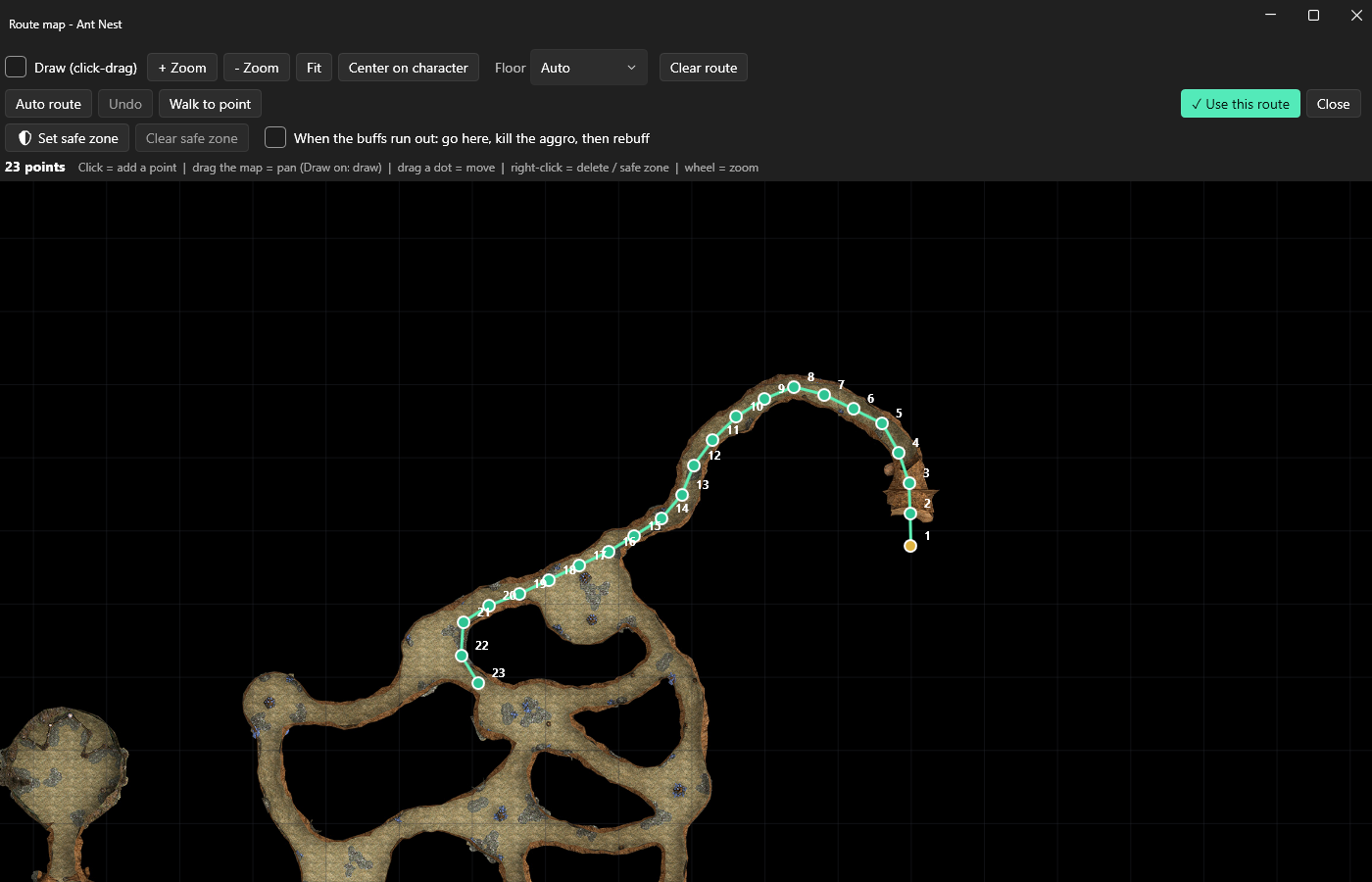 Route map with a walking route in Ant Nest and the safe zone buttons