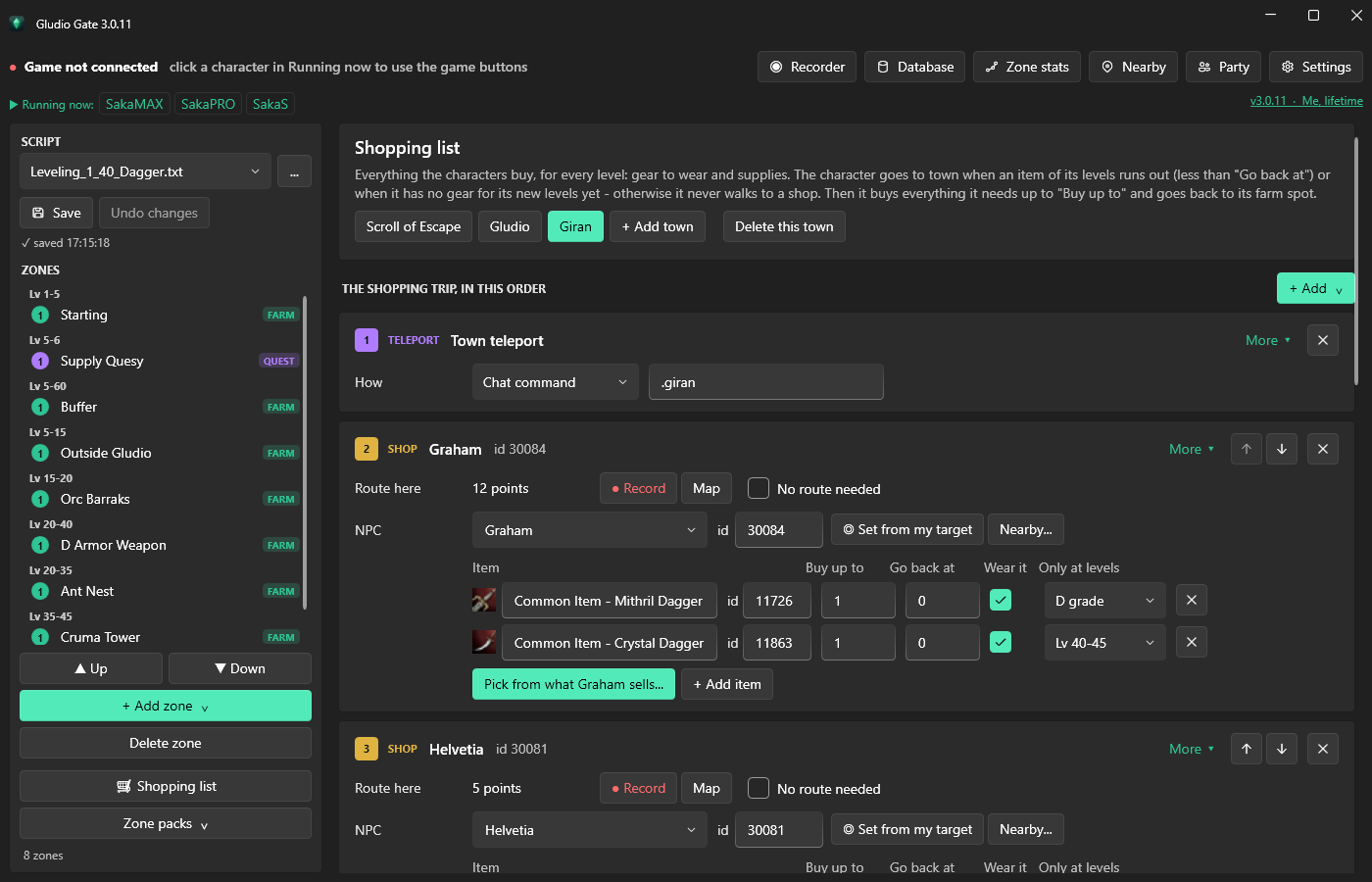 Shopping list: towns, shops, items per level